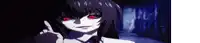 a girl with red eyes is making a funny face and pointing at the camera .
