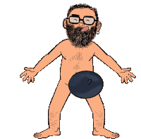 a cartoon of a naked man with a beard and glasses has a black ball in his belly