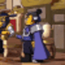 a couple of lego figures standing next to each other in a room in a video game .