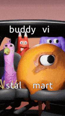 a bunch of stuffed animals are sitting in a car with the words buddy vi stal mart