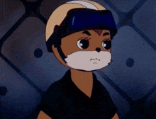 a cartoon character is wearing a helmet and goggles and smiling