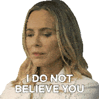 a woman says " i do not believe you " in front of a white background