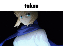 a picture of a girl with a scarf around her neck and the words takxu below it