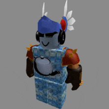 a robot wearing a blue hat and headphones has a pot on his chest
