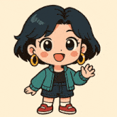 a cartoon drawing of a girl wearing a green jacket and shorts