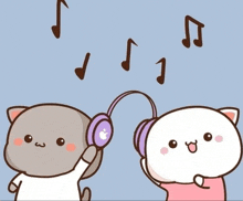 a cartoon of two cats wearing headphones with apple logos