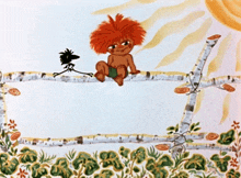 a cartoon drawing of a boy sitting on a tree branch