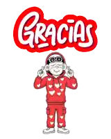 a cartoon monkey wearing a red hoodie with hearts on it stands in front of a red sign that says gracias