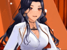 a girl with long black hair is wearing a white shirt and a choker
