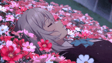 a girl with white hair is laying in a field of pink and white flowers
