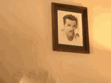 a woman is looking at a framed portrait of a man with a mustache .