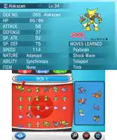 a screenshot of a pokemon game with alakazam on the top