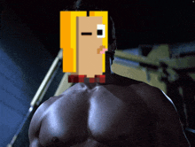 a man without a shirt has a pixelated image of a woman 's face on his chest
