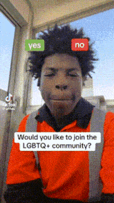 a man in an orange shirt and safety vest is asking if he would like to join the lgbtq + community