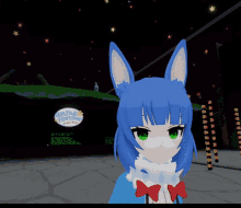 a girl with blue hair and white ears stands in front of an avatar festival sign