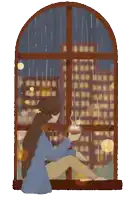 a woman is sitting in front of a window drinking coffee