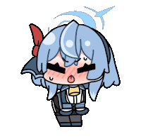 a cartoon drawing of a girl with blue hair and a bell