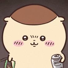 a cartoon character holding a can of beer and snacks