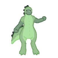 a pixel art drawing of a green dinosaur standing on its hind legs .
