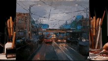 a painting of a city street is made in animotica