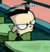 a cartoon character with glasses and the words roblox huzz on the bottom