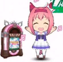 a cartoon girl is standing next to a jukebox and smiling .