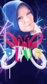 a woman wearing a blue hijab stands in front of a plus logo