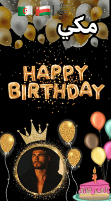 a black background with balloons and the words happy birthday on it