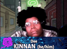 a cartoon character named dee kannan is wearing headphones and glasses