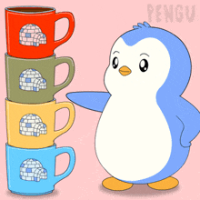 a penguin is standing next to a stack of coffee mugs with igloos on them