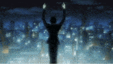 a man in a suit stands in front of a city skyline with his arms in the air
