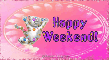 a happy weekend greeting card with a cat