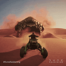 a poster for dune awakening with a man driving a vehicle