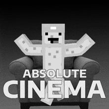 a cartoon character is sitting in a chair with the words absolute cinema above him