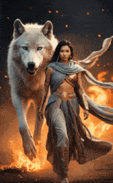 a woman is walking with a large white wolf in front of a fire