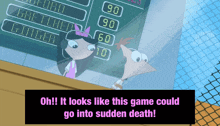 perry the platypus and phineas and ferb are looking at a scoreboard