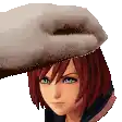 a pixel art of a woman 's head with a hand on it .
