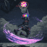 a cartoon character is playing basketball with a colorful ball
