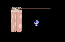 a pixel art of a pink curtain and a blue squid on a black background