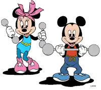 minnie mouse and mickey mouse are holding dumbbells in a cartoon