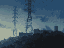 a blue sky with power lines in the foreground and a building in the background