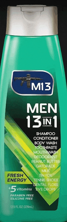 a bottle of men 13 in 1 shampoo conditioner body wash and deodorant