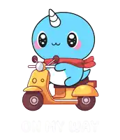 a cartoon of a narwhal riding a yellow scooter with the words " on my way " below it