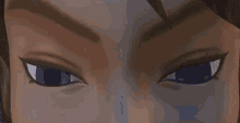 a close up of a cartoon character 's face with blue eyes