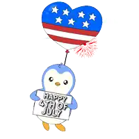 a penguin is holding a heart shaped balloon and a sign that says happy 4th of july