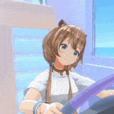 a girl with brown hair is smiling while holding a purple steering wheel