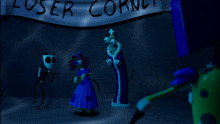 three cartoon characters are standing in front of a banner that says loser corner