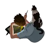 a drawing of a man painting with a cat sitting on his back