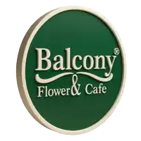a green balcony flower and cafe sign with a white border
