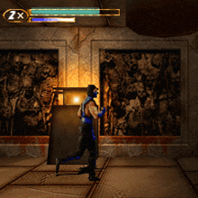 a video game screen shows a character with a 2x score on it